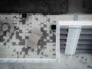 Aerial shot of stairs and chairs.