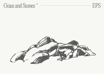 Hand drawn vector illustration of grass and rocks on blank backdrop. Isolated sketch. - 768600563