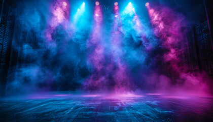 Stage light with smoke neon colors. Purple and blue. Laser neon red and blue light rays flash and...