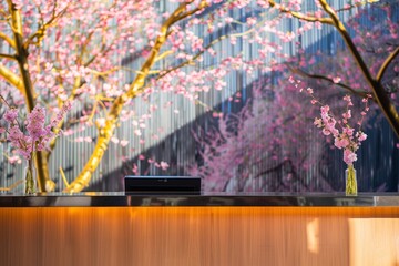 reception desk with a backdrop of blooming cherry trees