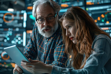 A man and woman analyzing data on a tablet in a high-tech server room, representing expertise and problem-solving.
 - obrazy, fototapety, plakaty