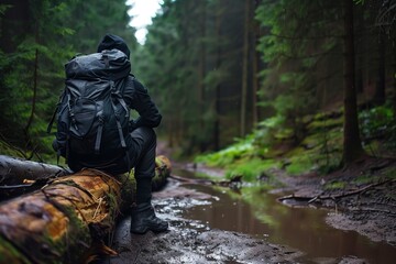 solo traveler taking a break on a muddy forest log - obrazy, fototapety, plakaty