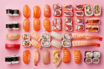 
The knolling of sushi, with all the pieces in perfect order and arrangement, on a pastel pink background