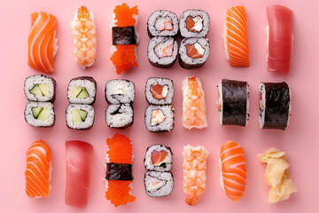
The knolling of sushi, with all the pieces in perfect order and arrangement, on a pastel pink background