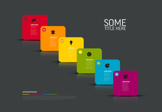 Dark infographic template with six rounded diagonal color square block card steps with reflections