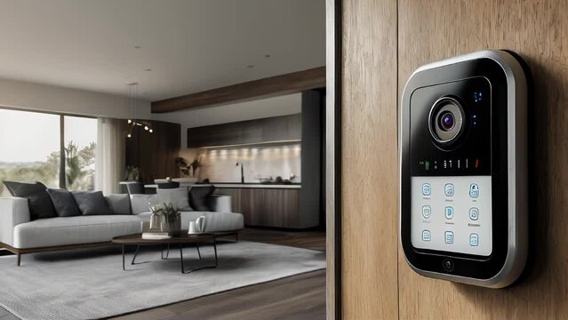 Modern living room with smart home security intercom camera, cozy and minimalist interior concept.