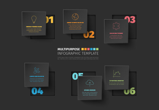 Dark infographic template with six dark gray square step blocks