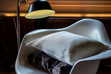 orthopedic pillow on a designer chair, stylish lamp illuminating the scene