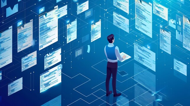 An isometric concept of a digital database is portrayed with a businessman managing documents, highlighting the organization of knowledge in the digital era
