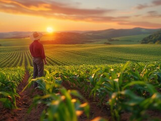 Fototapeta premium Farmer on corn field against the sunset sky.