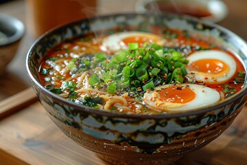 A bowl of ramen with a soft boiled egg action cam