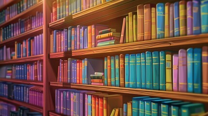 Cartoonish library bookshelves filled with colorful books bring a sense of whimsy and wonder to the world of reading