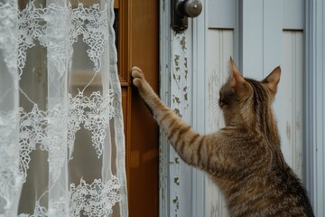 cat pawing at a porch door with lace curtains