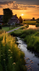 Golden Hour Brilliance in England's Rustic Countryside: An Idyllic Blend of Pastoral Fields and Charming Country Homes