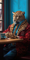 An anthropomorphic leopard in a smart suit sips coffee at a table.