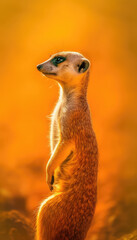 A vigilant meerkat stands upright bathed in a warm sunset glow.