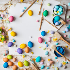 Fototapeta na wymiar Easter eggs and paint brushes on white wooden background, top view