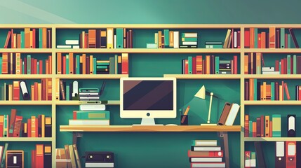 Digital libraries and online bookstores are envisioned in a flat design, illustrating the shift towards e-reading and internet-based education - obrazy, fototapety, plakaty