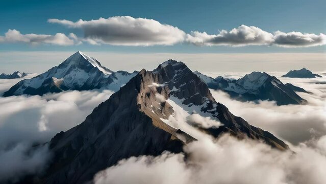 Mountain peak rising above clouds in serene rugged wilderness