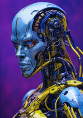 Vividly detailed android head showcasing advanced cybernetics.