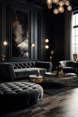 Luxury dark-toned living area with gold details and abstract wall art.