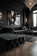 Elegant interior showcasing plush seating and a dramatic art piece.