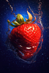 A ripe strawberry amidst a dynamic water splash.