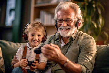 Smiling senior and child with headphones enjoying gaming