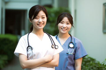 Two happy nurses in white uniforms enjoying a bright day outside the clinic.