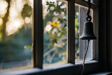 closeup of bell cord along window side - obrazy, fototapety, plakaty