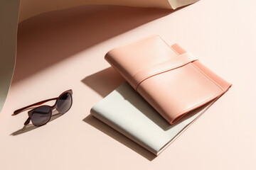 Fashion essentials: a sleek wallet and sunglasses on a chic shadowed background.