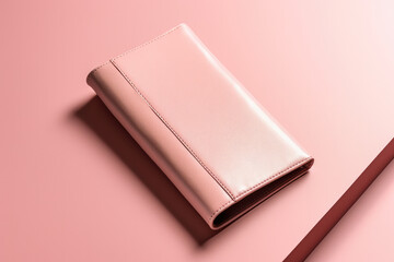 A chic pink wallet lies on a pastel surface