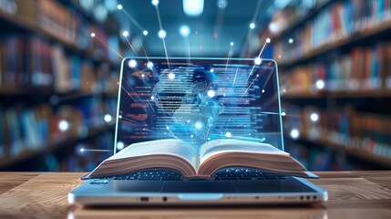 E-learning and online education bring the encyclopedia into the digital age, with laptops serving as portals to a world of knowledge - obrazy, fototapety, plakaty