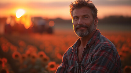 a happy farmer in front of a tractor wide background sunset