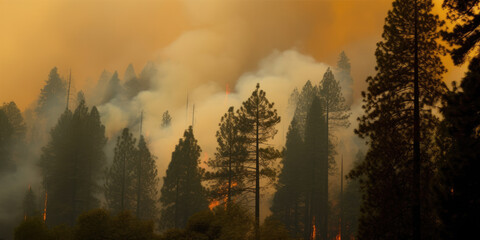 Devastating forest fire burning trees with dense smoke.