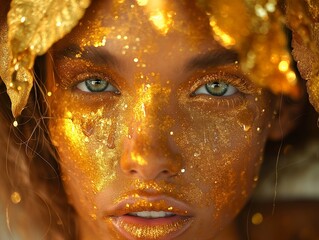 Gold Paint smudges drips from the face lip, gold metallic skin make-up, makeup close up