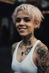 Cheerful tattooed woman with a bright smile