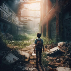 Child wanders in ruins towards a bright, hopeful exit.