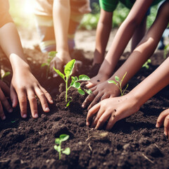 Diverse young hands engage in planting green seedlings together.