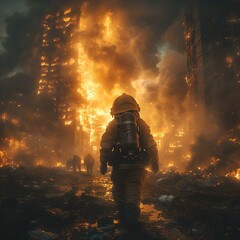 Brave firefighter amidst raging inferno, dramatic urban blaze scene. heroic fireman in action shot. intense flames and smoke engulfing buildings. generative AI - obrazy, fototapety, plakaty