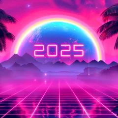 Foto op Canvas Retro science fiction vaporwave illustration background with word "2025" with neon lights and palm trees. © Ksenia Grain