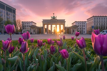 Sunset behind Brandenburg Gate with blooming tulips. Vibrant spring scene in Berlin. Tranquil cityscape photography. Clear dusk sky. Generative AI - obrazy, fototapety, plakaty