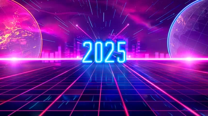 Tuinposter Retro science fiction vaporwave illustration background with word "2025" with neon lights © Ksenia Grain
