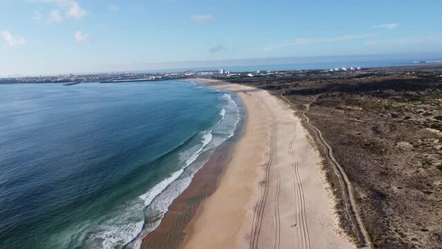 Drone flight over the Praia do Medao beach in Peniche Portugal