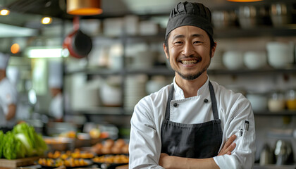Fototapeta premium Happy smiling professional asian chef in light Scandinavian commercial kitchen