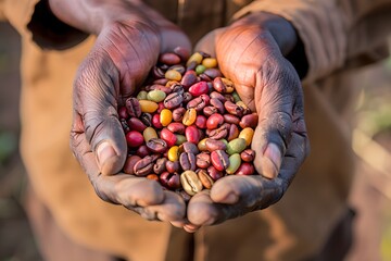 Farmer holding a handful of colorful beans in sunlight. Close-up on hands with harvest. Natural and agricultural concept. Generative AI - obrazy, fototapety, plakaty