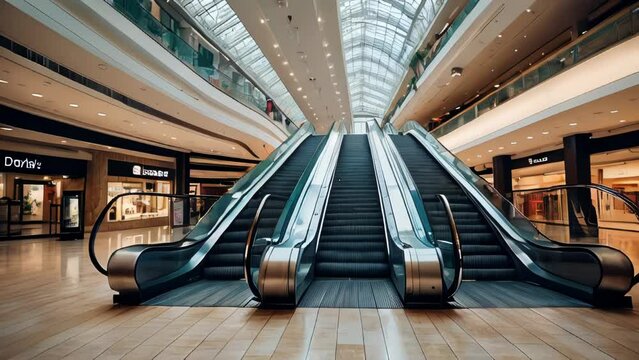 Modern shopping mall with escalators and glass ceiling, perfect for holiday shopping.