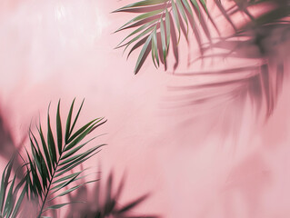 Real Ristic photo, Blurred shadow from palm leaves on the light pink wall