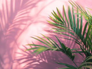 Real Ristic photo, Blurred shadow from palm leaves on the light pink wall