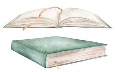 Set of books watercolor illustration isolated on white background. Open books green colors with bookmarks. Vintage old textbooks watercolor hand drawn.